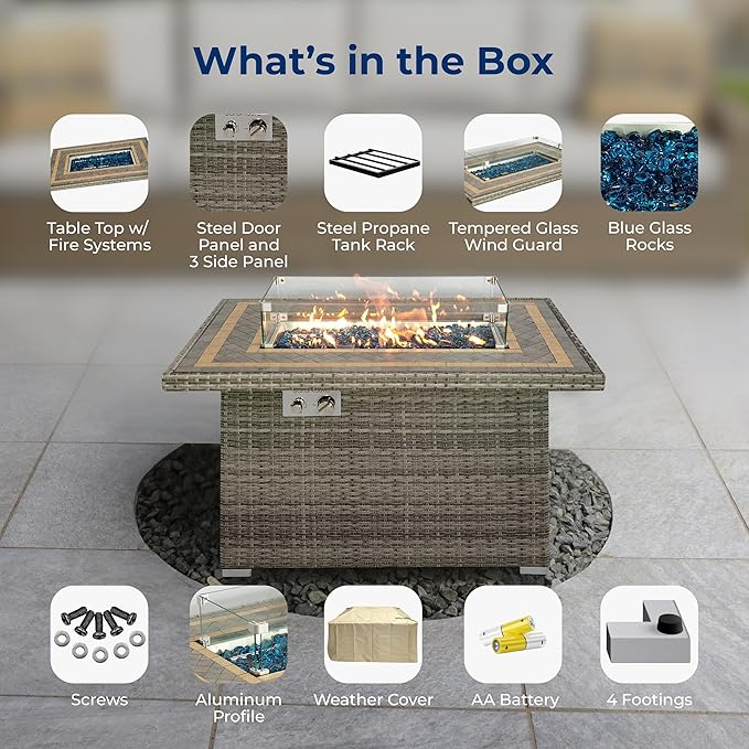 SereneLife Sturdy Wicker Base Propane Fire Pit Table with Tile Top, Patio Heater & Propane Heater, Sliding Door, Stainless Steel Burner, Tempered Glass Wind Guard, 50000 BTU, Weather Resistant