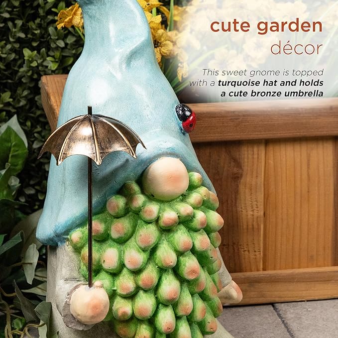 Alpine Corporation 18" Tall Outdoor Turquoise Hat Gnome Statue Holding Silver Umbrella, Playful Weatherproof Garden Decor