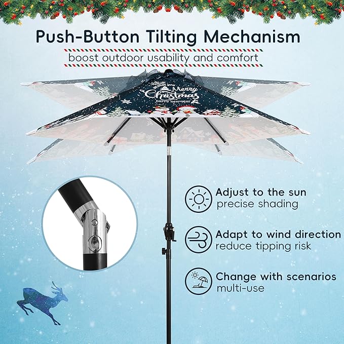7.5FT Christmas Patio Umbrella, Outdoor Table Umbrella with Push Button Tilt and Crank, Market Umbrella with 6 Steel Ribs, Dark Teal