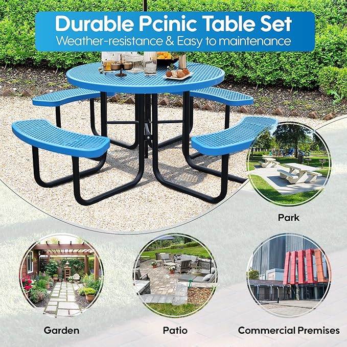 Sunnibety 8-Person Picnic Tables for Outdoors, Industrial 46" Expanded Metal Round Picnic Table with 4 Benches & Umbrella Hole, Outside Table and Bench Set for Park, Garden, Backyard, Patio, Blue