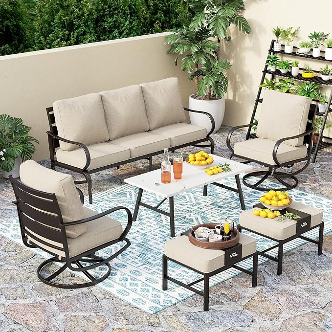 PHI VILLA 6 PCS Outdoor Patio Furniture Sets with 1x 3 Seater 72" Padded Deep Seating Bench, 2 x Cushioned Swivel Armrest Sofa Chairs, 2 x Ottoman and & 1 x Coffee Table for 5-7 Person