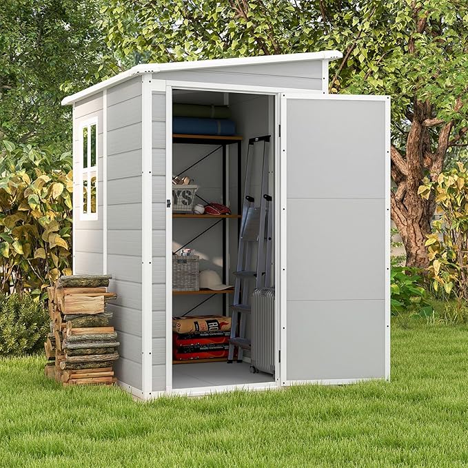 Patiowell 5x4 FT Outdoor Storage Shed, Resin Storage Shed with Floor & Lockable & Window Door for Patio Furniture, Garden Tools and Bicycle, Light Gray