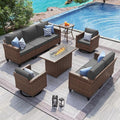 UDPATIO Patio Furniture Set with Fire Pit Table, Rocking Swivel Chairs, 6 Pieces Outdoor Conversation Sets, All-Weather Wicker Outdoor Sectional Sofa with Waterproof Cover, 4'' Thickened Cushion, Grey