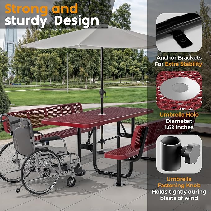 Commercial Heavy-Duty Metal Picnic Table with Backrest - ADA Compliant, Adjustable Seats, Umbrella Hole, Expanded Metal (Red, 6' Rectangular with Back)