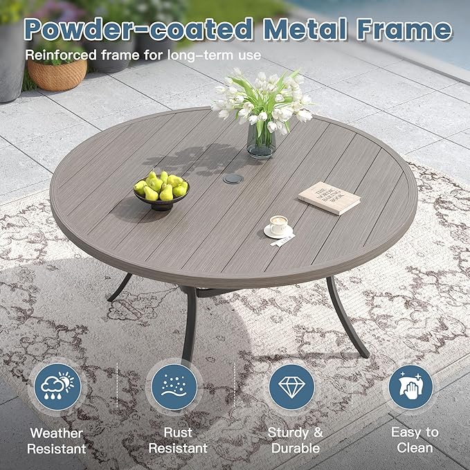 DIFY 60" Round Outdoor Patio Dining Table for 8-10, Metal Patio Table with 1.57" Adjustable Umbrella Hole, All-Weather Dining Furniture Table for Backyard Lawn Garden, Grey Wood-Like