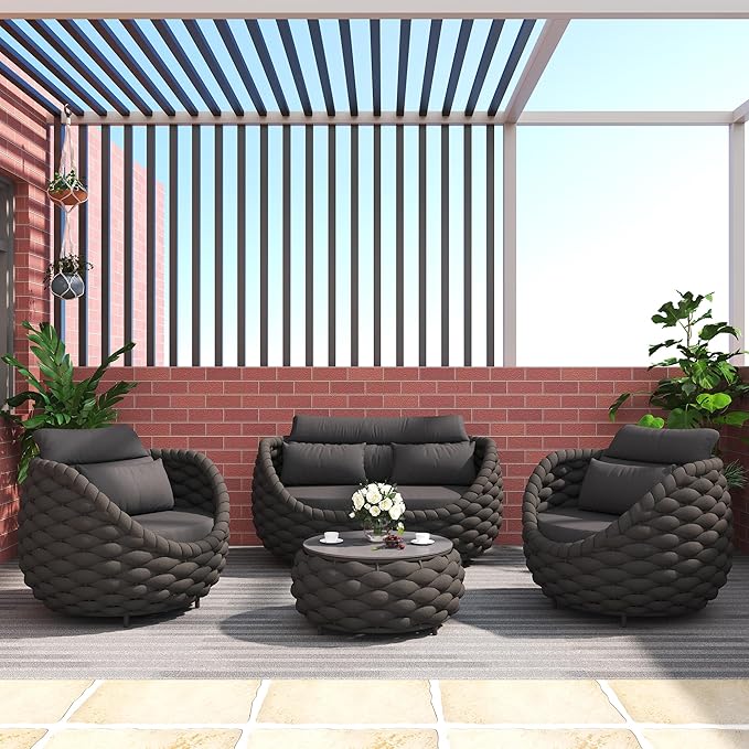 TWT 5 Pieces Patio Furniture Set, Outdoor Rope Conversation Sectional Patio Sofa with 5 Seater for Backyard, Porch, Modern Armchairs with Thickness Cushions and Side Table, Dark Grey