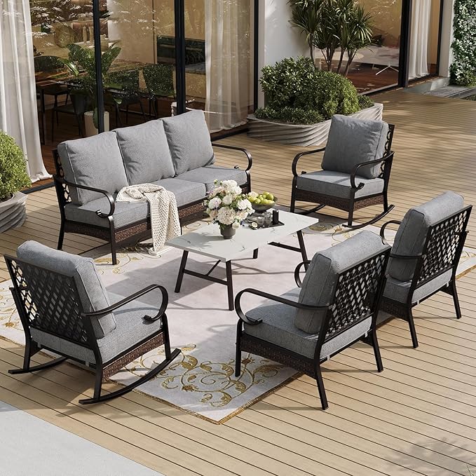 SUNSHINE VALLEY 6 Piece Metal Outdoor Patio Furniture Set, Patio Conversation Set with 1 3-Seater & 2 Fixed Sofas, 2 Rocking Sofas, 5.75" Thick Cushion & Coffee Table, Black & Gray Backyard Furniture