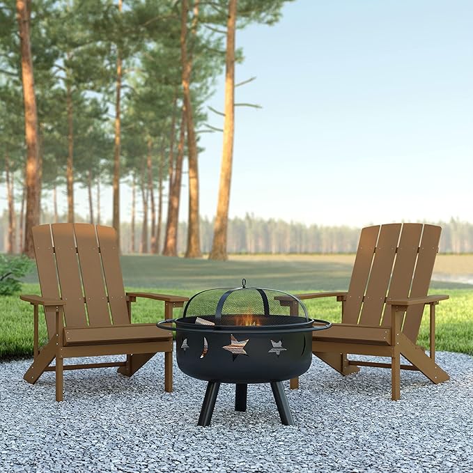 EMMA + OLIVER Campfire Set - Two Teak Poly Resin Adirondack Chairs - 29" Star and Moon Fire Pit with Mesh Cover - Weather Resistant - Wood Burning Fire Pit
