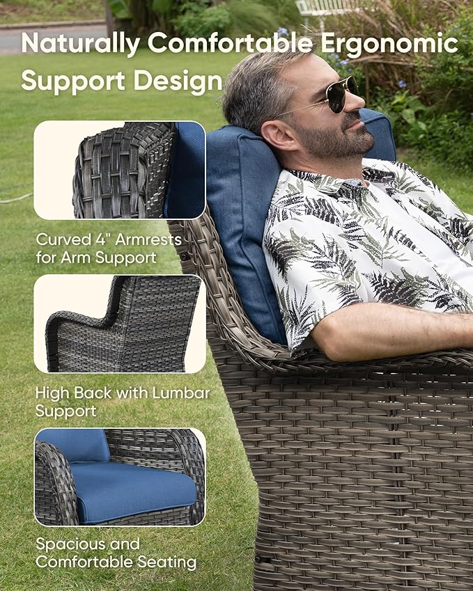 HUMMUH Patio Furniture Set with Fire Pit Table 6-Piece Wicker Outdoor Swivel Rocker Patio Chairs Loveseat Conversation Set for Porch, Backyard, Deck