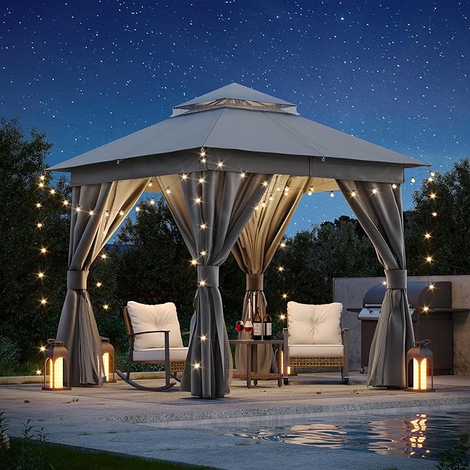 LAUSAINT HOME Outdoor Patio Gazebo 8'x8' with Expansion Bolts, Heavy Duty Party Tent & Shelter with Double Roofs, Mosquito Nettings and Privacy Screens for Backyard (Grey)