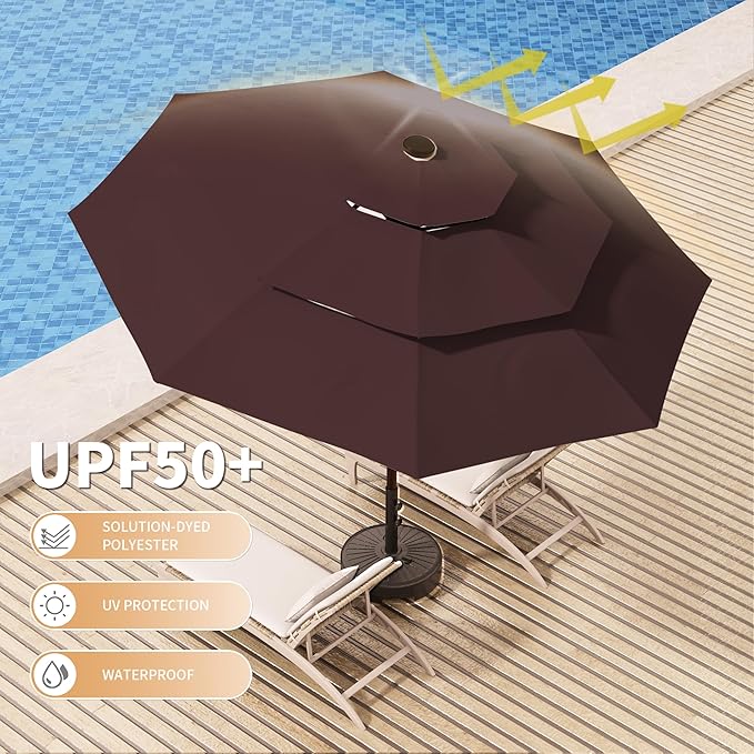 Ayge 9FT 3-Tier Large Outdoor Patio Umbrella Market Table Umbrella-UV Resistant,Easy Push Button Tilt and Crank,8 Sturdy Fiberglass Ribs Heavy-Duty Pool Umbrella for Deck,Backyard,Garden,Yard,Brown