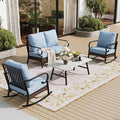 SUNSHINE VALLEY 4 Piece Metal Outdoor Patio Furniture Sets, Patio Conversation Sets 1 Loveseat, 2 Rocking Sofa with 5.75" Extra Thick Cushion and Coffee Table, Balck Frame Backyard Furniture, Blue