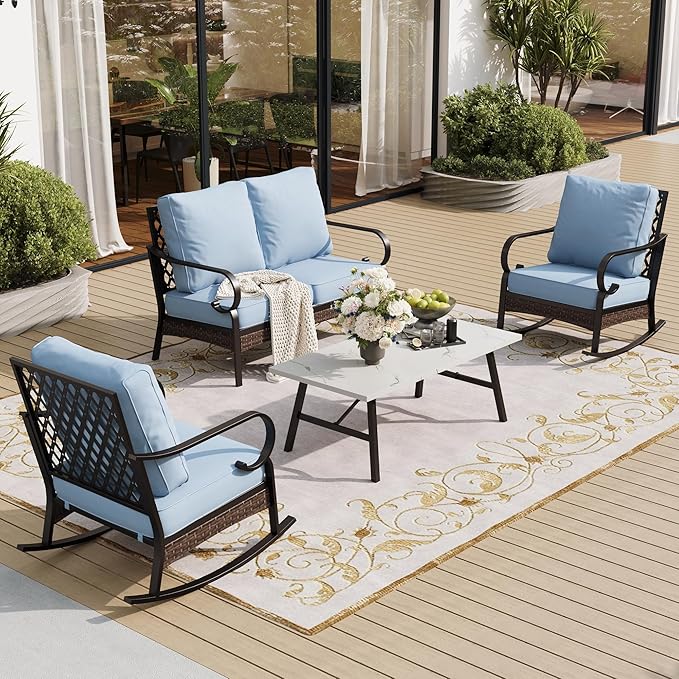SUNSHINE VALLEY 4 Piece Metal Outdoor Patio Furniture Sets, Patio Conversation Sets 1 Loveseat, 2 Rocking Sofa with 5.75" Extra Thick Cushion and Coffee Table, Balck Frame Backyard Furniture, Blue