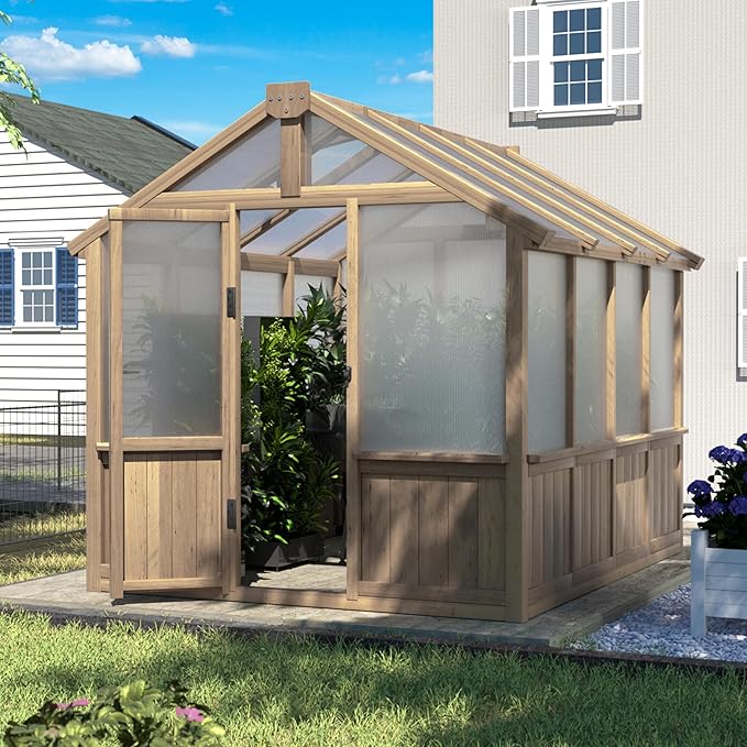 BlueWish 6x8FT Greenhouse, 6mm Polycarbonate Greenhouses with Cedar Frame, Wood Greenhouse with Adjustable Vent, Green House for Outside, Garden, Backyard