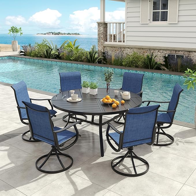 VICLLAX Round Patio Dining Table, 6-8 Person Metal Outdoor Dining Table with Umbrella Hole and Storage Shelf for Garden Lawn Deck, 53" Black