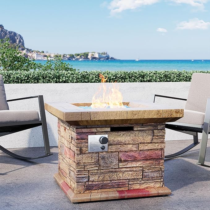 32" Outdoor Propane Fire Pit, Square Stonecrest Gas Firepit for Outside Patio, Concrete Propane Fire Table 50,000 BTU Gas Fire Pits with Lava Rocks, CSA Certified, Blue Fire Glass