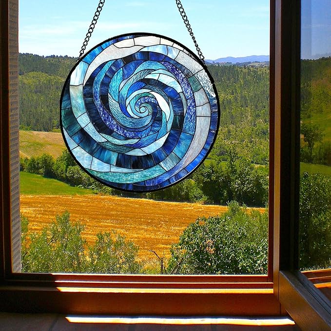 CRISGIF Stained Glass Window Hanging - Blue Abstract Swirl Suncatcher for Doors Garden Patio Unique Sun Catchers Decor Christmas Mother's Day Birthday Gifts for Women Men Mom Nana Friend 15 in
