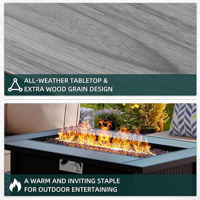 45in Fire Table, Propane Fire Pit with Removable Lid, 50000 BTU with Lava Rock and Alumium Frame Tables for Patio Garden, Outdoor Firepit Table, Grey