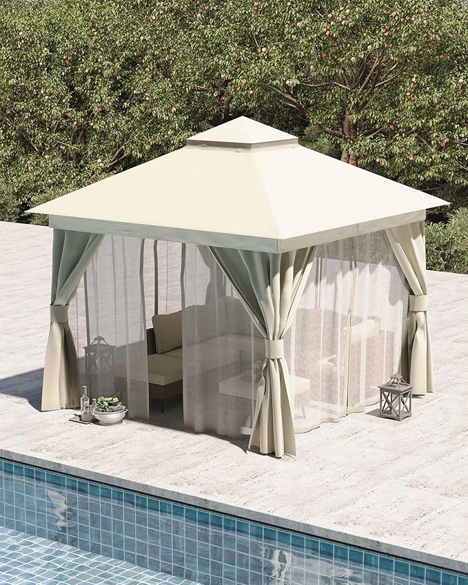 LAUSAINT HOME Gazebo 10x10ft, Heavy Duty Patio Gazebo with Expansion Bolts, Party Canopy Tent with Double Roofs, Mosquito Nettings and Privacy Screens for Backyard, Garden, Lawn, Cream White
