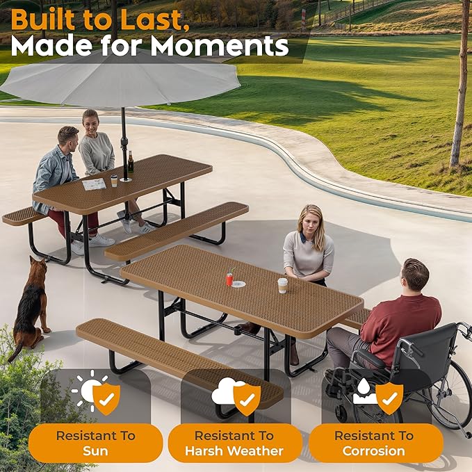 Commercial Heavy-Duty Metal Picnic Table - ADA Compliant, Adjustable Seats, Umbrella Hole, Expanded Metal (Brown, 6' Rectangular)