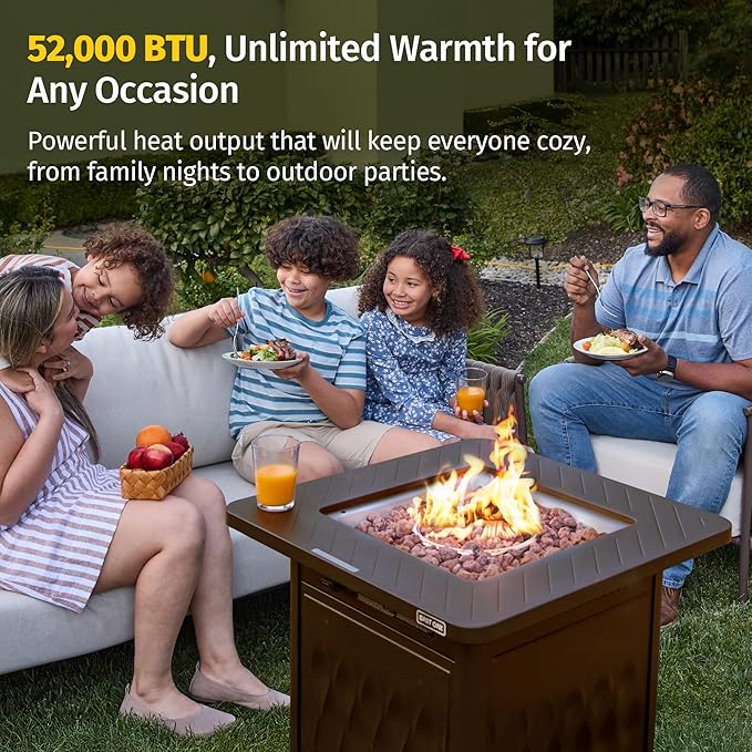 EAST OAK 28" Upgraded Outdoor Propane Fire Pit Table | 52,000 BTU Gas Fire Pit Table for Outside with Magnetic Lid | Storage Basket & Lava Rocks | CSA Certified for Patio, Garden & Backyard | Brown
