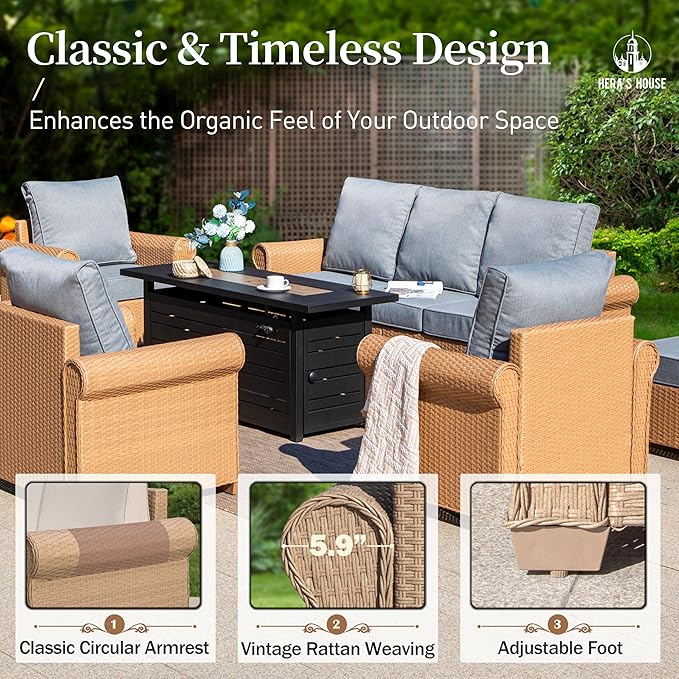 HERA'S HOUSE 8-Piece Patio Furniture Set, All Weather 9 Seats Outdoor Wicker Sofa with Ottomans, Rattan Patio Conversation Set with 5.5" Cushions and 57" Fire Pit Table, Grey