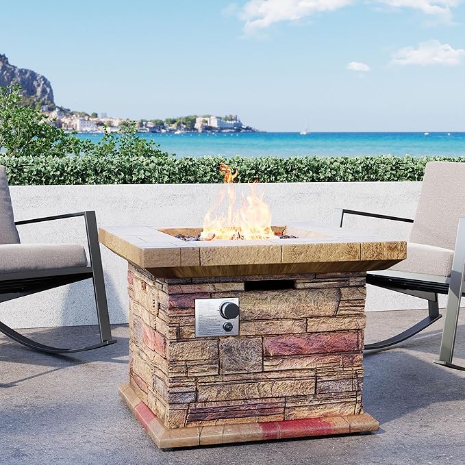 32" Outdoor Propane Fire Pit, Square Stonecrest Gas Firepit for Outside Patio, Concrete Propane Fire Table 50,000 BTU Gas Fire Pits with Waterproof Cover, Red Fire Glass