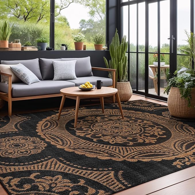 Medallion Outdoor Rug 9x12 Washable Outside Carpet for Indoor Patio Porch Waterproof Easy Cleaning Non Shedding Area Rugs Nut Brown 9 x 12