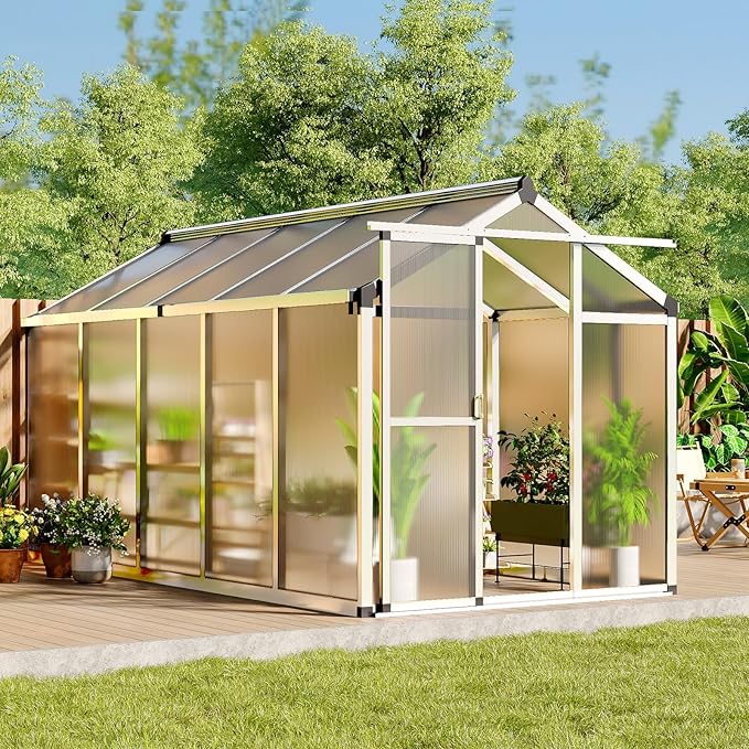 Greenhouse, 6x10 FT Greenhouse for Outdoors, Walk-in Green House with Ground Nails and Vent Windows, Sliding Lockable Door, Polycarbonate Greenhouses for Outside Garden Backyard, Quick Setup, Silver