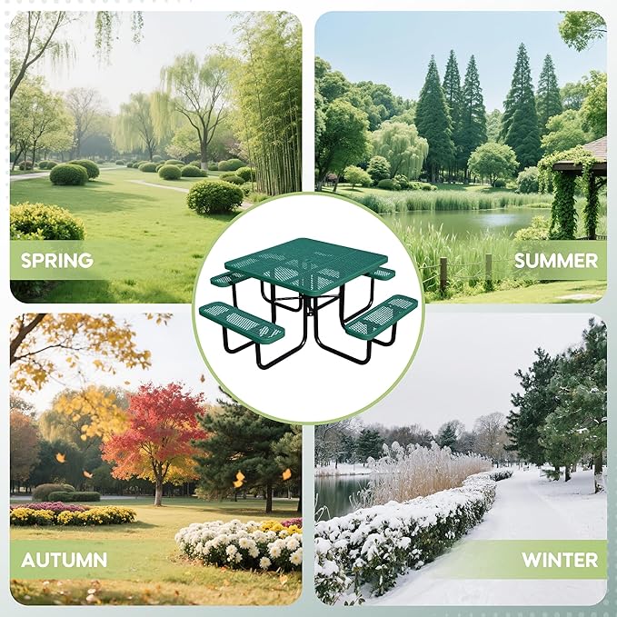 46Inch Square Picnic Table for 8 Person, Outdoor Heavy Duty Sturdy Picnic Tables with 4 Benches & Umbrella Hole, Commercial Metal Patio Picnic Table for Garden, BBQ, Coffee Store, Party, Porch (Green)
