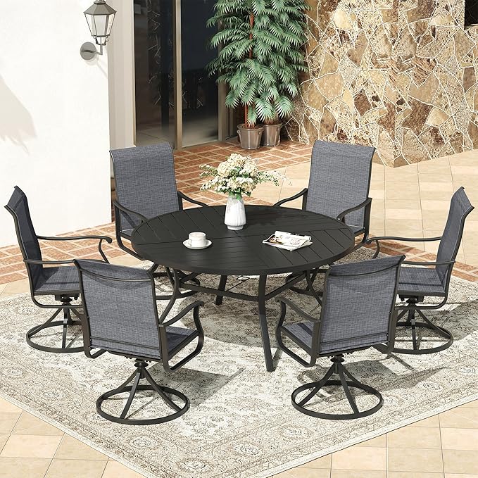 VICLLAX Round Patio Dining Table, 6-8 Person Metal Outdoor Dining Table with Umbrella Hole and Storage Shelf for Garden Lawn Deck, 53" Black