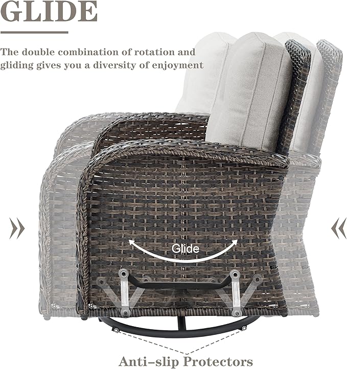 Patio Furniture Swivel Glider PE Wicker Chairs, Outdoor Swivel Rocker Seating with Cushions for Porch Deck Balcony, Brown/Beige