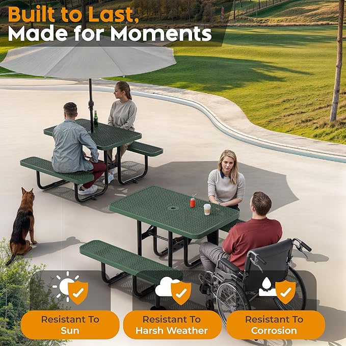 Commercial Heavy-Duty Metal Picnic Table - ADA Compliant, Adjustable Seats, Umbrella Hole, Expanded Metal (Green, 4' Rectangular)