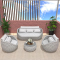 TWT Aluminum Modern Patio Set Three Seater Sofa Outdoor Furniture Set w/Coffee Table,Patio Conversation Set with Hand Woven Teslin Rope for Bedroom Backyard Poolside, Light Grey