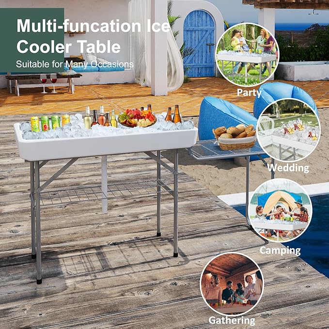 IWDOO Ice Cooler Table with Led Light, 4 Foot Outdoor Ice Table with Foldable Extension Stand, Matching Skirt & Drain Hose, Folding Cooler Tables with Metal Shelf for Party, BBQ, Camping Picnic