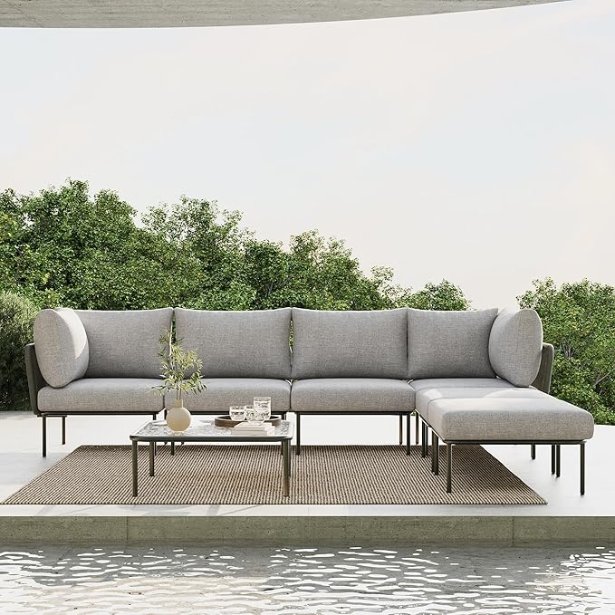 7 Piece Modern Outdoor Rope Wicker Sectional Patio L-Shaped Conversation Sofa Set Deep Seating with Thick Cushions
