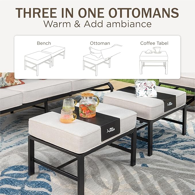 PHI VILLA 5 Pcs Patio Furniture Set with 1 x 72 Padded Deep Seating Bench Sofa, 2 x Cushioned C-Base Sofa Chairs and 2 x Metal Cushioned Ottoman, Outdoor Deluxe Furniture Patio Set for Backyard