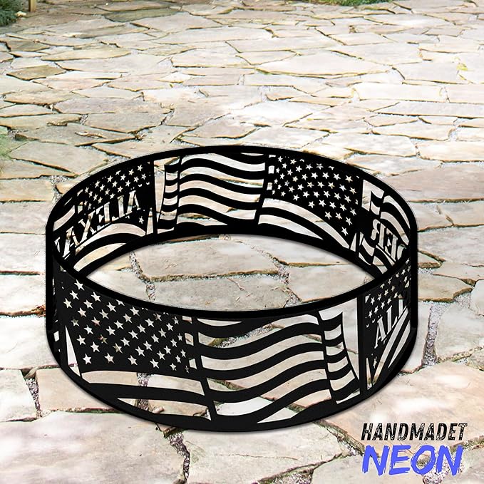 Personalized Fire Pit Ring American Flags US USA Flag Metal Custom Name 360 Degree Campfire Ring Stove Outdoor BBQs Backyard Camping Garden Decor Gifts Father's Day Camper Veteran