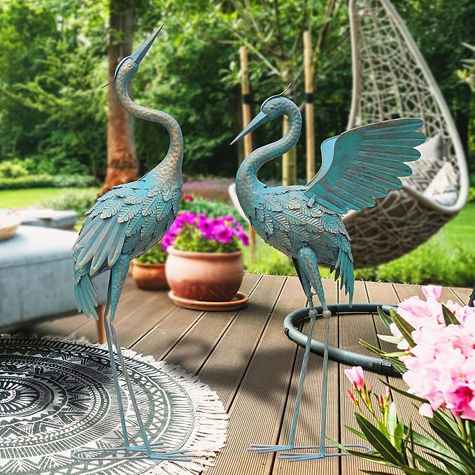 Oritty 33-37 Inch Metal Crane Garden Statue Décor, Bird Garden Sculpture & Statues, Outdoor Decoration for Yard Patio Lawn Backyard Pool, Vintage Spread Wings Crane, Set of 2