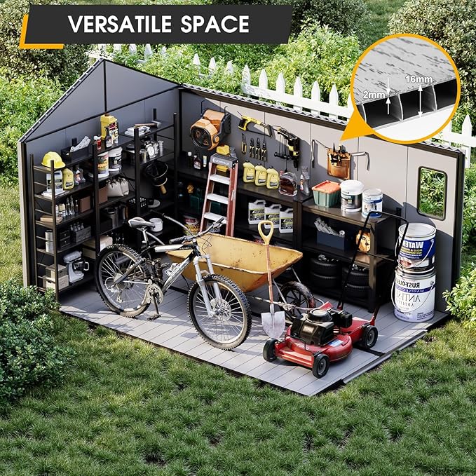 8 x 12 FT Resin Outdoor Storage Shed, All-Weather Plastic Garden Shed with Floor, Lockable Doors & Windows, Plastic Tool Shed for Poolside, Backyard, Patio