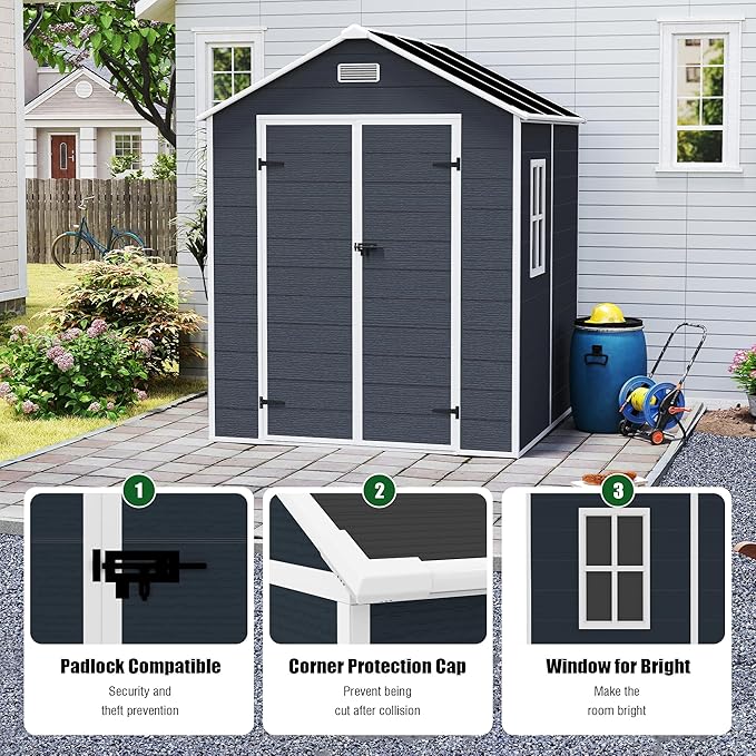 Outdoor Storage Shed 5.5FTx5.5FT, Resin Shed with Floor & Window, Lockable Door, Vents, Outside Sheds & Garden Shed for Patio Furniture, Gardening Tools, Pool Equipment (Dark Gray, 5.5 * 5.5ft)