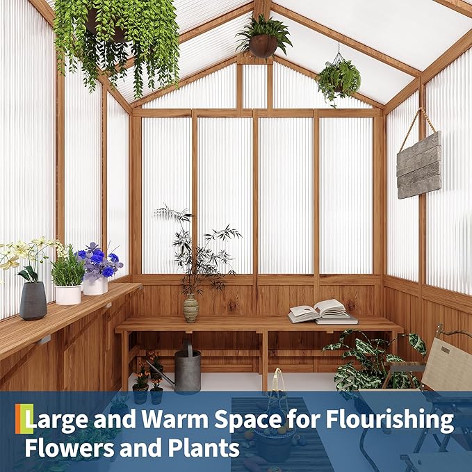 8x13FT Greenhouse Kit with Pergola, Wooden Greenhouse with Cedar Frame, Outdoor Wood Greenhouses with Roof Vent, Wood and Polycarbonate Walk-in Greenhouses