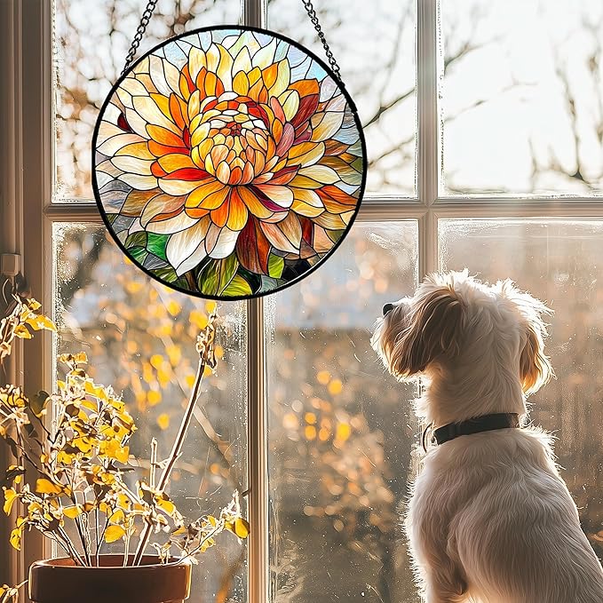 CRISGIF Stained Glass Window Hanging - Chrysanthemum Suncatcher for Doors Garden Patio Birth Flowers Sun Catchers Decor Christmas Mother's Day Birthday Gifts for Women Men Mom Nana Friend 7.8 in