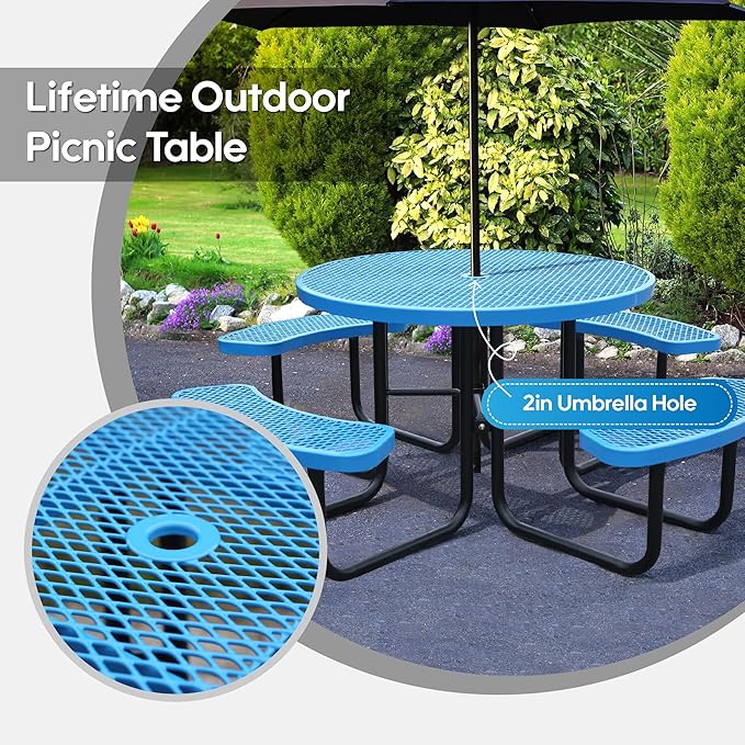 Sunnibety 8-Person Picnic Tables for Outdoors, Industrial 46" Expanded Metal Round Picnic Table with 4 Benches & Umbrella Hole, Outside Table and Bench Set for Park, Garden, Backyard, Patio, Blue