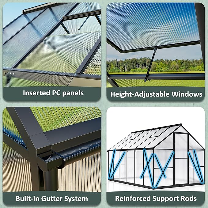 8x14 FT Green House for Outdoors, Quick Setup Polycarbonate Greenhouse with Roof Vent, Aluminum Large Walk-in Greenhouse for Outside Garden Backyard, Black