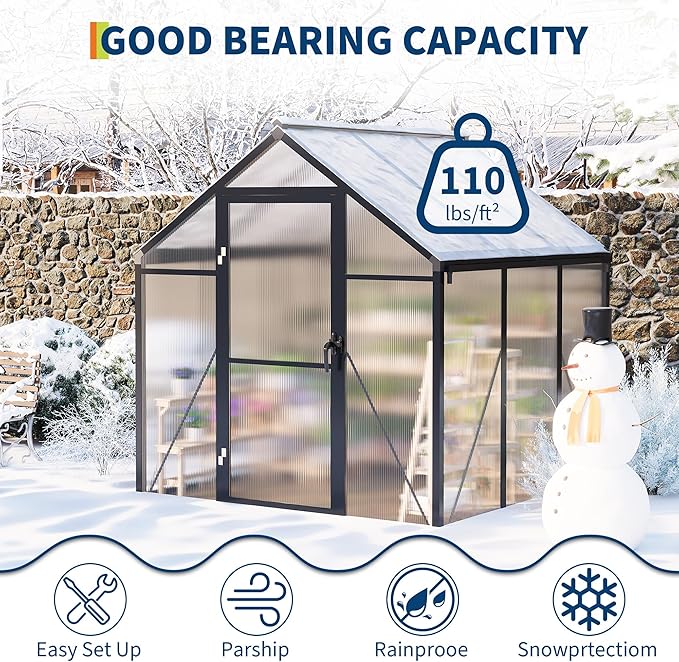 6 x 6 ft Greenhouse, Greenhouses for Outside, Polycarbonate Greenhouse with Aluminum Frame, Lockable Door and Ajustable Roof Vent for Backyard, Green Houses for Outside Garden Backyard, Patio