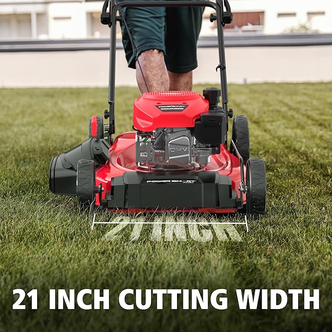 PowerSmart Gas Push Lawn Mower 21" with OHV 144cc Engine, 2-in-1 Mulching and Side Discharge,6 Height Adjustments Easy Assembly & Lightweight, Cordless Push Lawn Mowers for Garden Yard