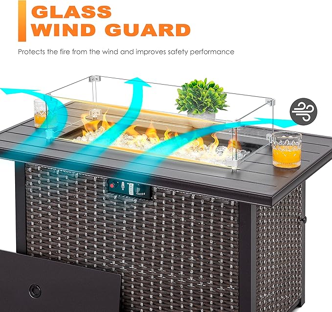 NUU GARDEN 27.6'' x 11.7'' x 6.5" Rectangular Fire Pit Wind Guard, Transparent Tempered Glass, Polished Aluminum Brackets, 3M Anti-Slip Pads, Fit for Best Choice 52-inch Fire Table WG01