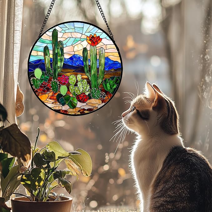 DASTOLL Stained Glass Window Hanging, Green Cactus Suncatcher for Doors Window Home Plant Landscape Sun Catchers Decoration Mother's Day Birthday Gifts for Women, Men, and Mom 15 in