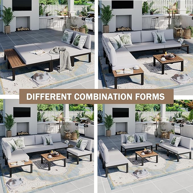 Sophia & William 6 Pieces Outdoor Patio Furniture Set, Metal Sectional Sofa Set Patio Conversation Set-2 x Single Sofa with Side Table,1 x Loveseat,2 x Single Couch,1 x Tea Table(Beige Grey)